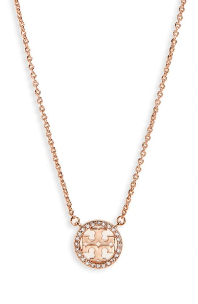 Shop Tory Burch Pavé Logo Pendant Necklace In Rose Gold/ Crystal
