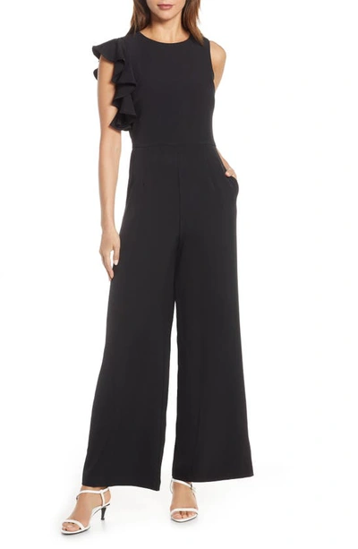 Shop Julia Jordan Hunter Crepe Ruffle Shoulder Jumpsuit In Black