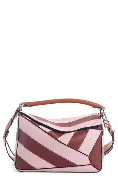 Shop Loewe Small Puzzle Rugby Srtripe Leather Bag In Wine/ Pastel Pink