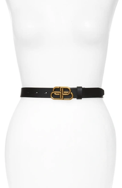Shop Balenciaga Logo Buckle Slim Leather Belt In Black/ Gold