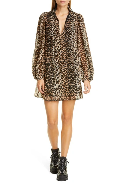 Shop Ganni Leopard Print Pleated Georgette Long Sleeve Minidress