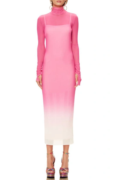 Shop Afrm Shailene Long Sleeve Print Mesh Dress In Pink Ombre