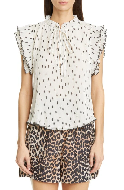 Shop Ganni Dot Plisse Georgette Top In Egret