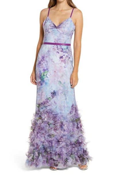 Shop Marchesa Notte Sleeveless Ruffle Tulle V-neck Gown In Light Blue