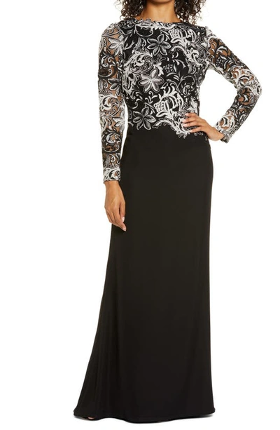 Shop Tadashi Shoji Embroidered Long Sleeve Crepe Trumpet Gown In Black/ White