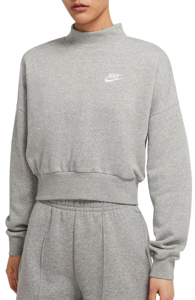 Shop Nike Sportswear Essential Fleece Mock Neck Sweatshirt In Dark Grey Heather/ White