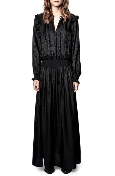 Shop Zadig & Voltaire Roar Python Print Silk Blend Jacquard Long Sleeve Maxi Dress In Noir