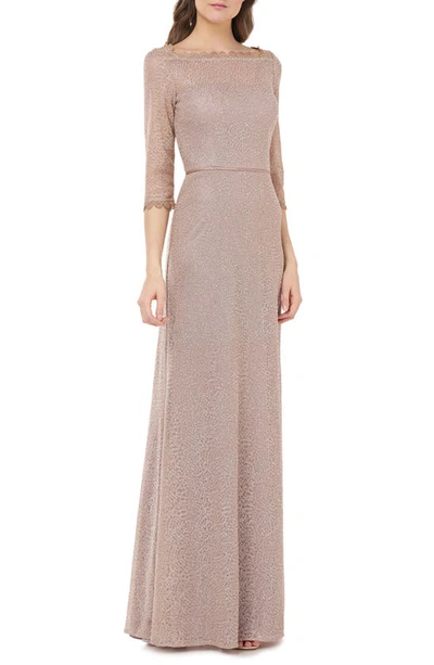 Shop Js Collections Metallic Lace A-line Gown In Rose Gold