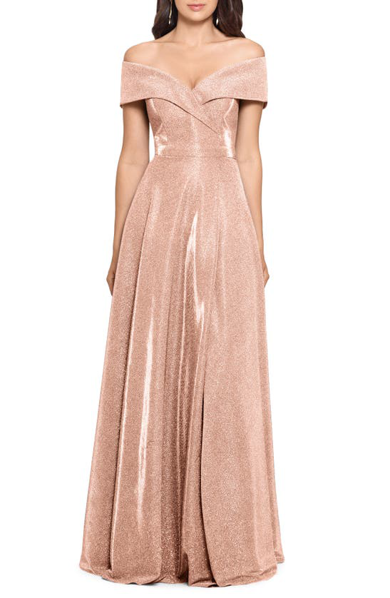 xscape off the shoulder glitter gown