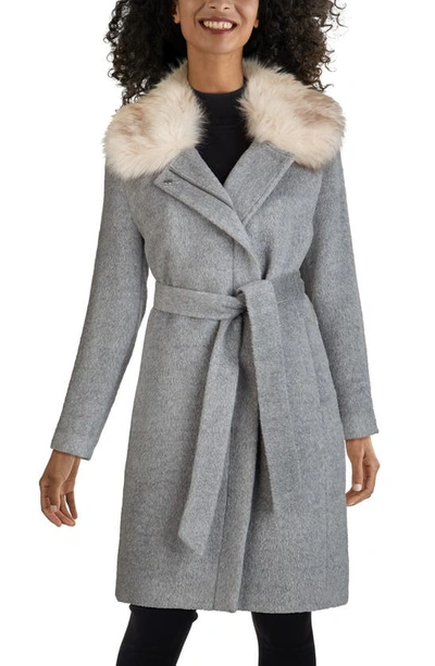 Shop Cole Haan Faux Fur Trim Wool Blend Coat In Medium Grey