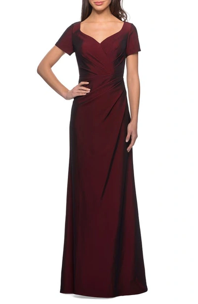 Shop La Femme Sweetheart Neck Jersey Gown In Burgundy