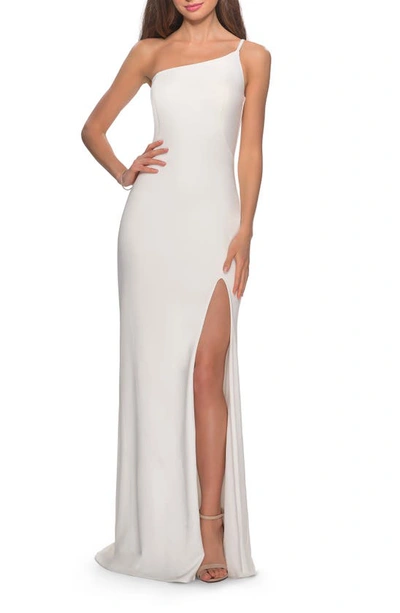 Shop La Femme One-shoulder Jersey Gown In White
