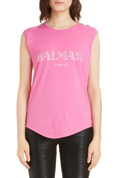 Shop Balmain Logo Tee In Rose Fluo