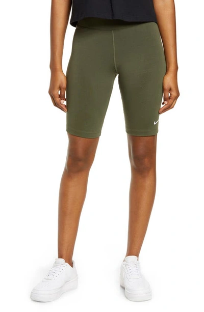 Shop Nike Sportswear Essential Bike Shorts In Cargo Khaki/ White