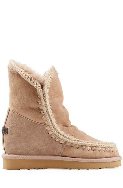 Mou Suede Boots With Crochet Work Details In Beige