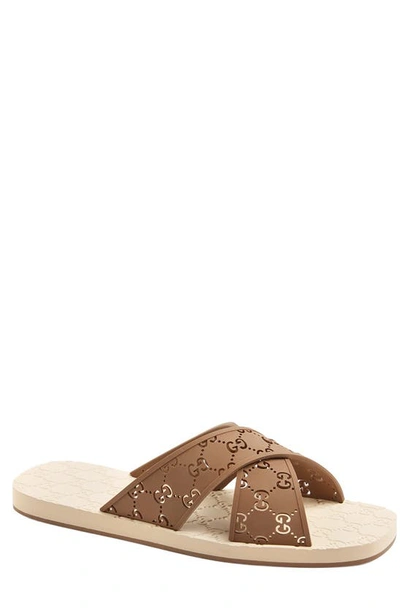 Shop Gucci Drugo Gg Logo Slide Sandal In Hazelnut