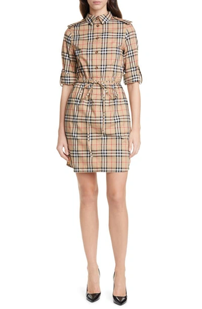 Shop Burberry Vintage Check Stretch Cotton Long Sleeve Shirtdress In Archive Beige Ip Chk