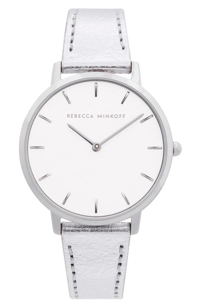 Shop Rebecca Minkoff Major Metallic Leather Strap Watch, 35mm In Silver/ White/ Silver