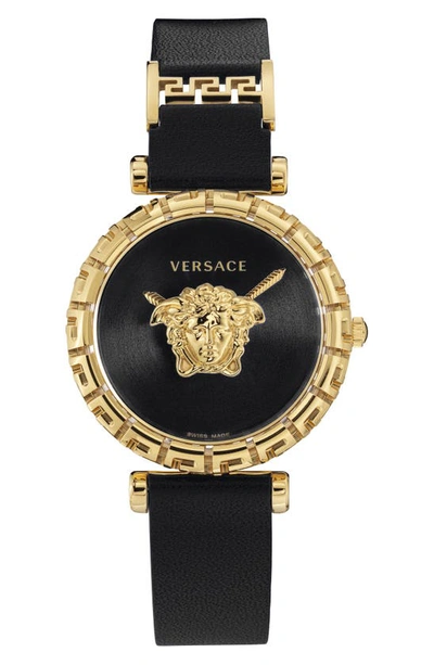 Shop Versace Palazzo Empire Greca Leather Strap Watch, 37mm In Black/ Gold