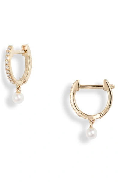 Shop Ef Collection Pearl & Diamond Huggie Hoops In Yellow Gold/ Pearl