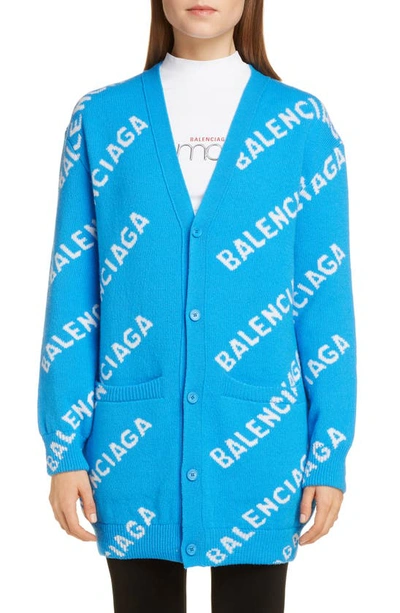 Shop Balenciaga Oversize Logo Jacquard Wool Blend Cardigan In Screen Blue/ White