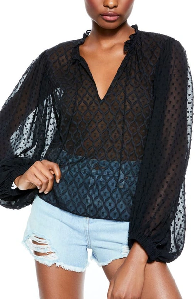 Shop Alice And Olivia Julius Geo Pattern Blouson Sleeve Silk Blend Tunic Top In Black