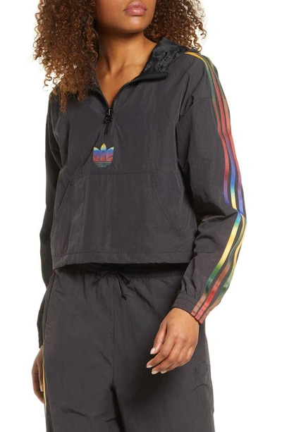 Shop Adidas Originals Crop Half Zip Hooded Pullover In Black