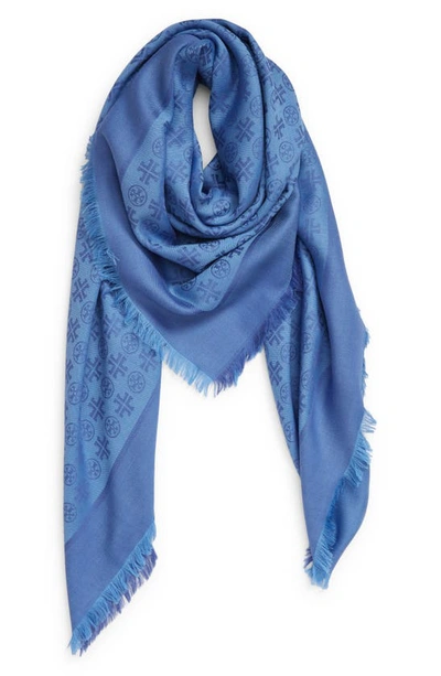 Shop Tory Burch Traveler Logo Jacquard Wool & Silk Scarf In Pale Blue
