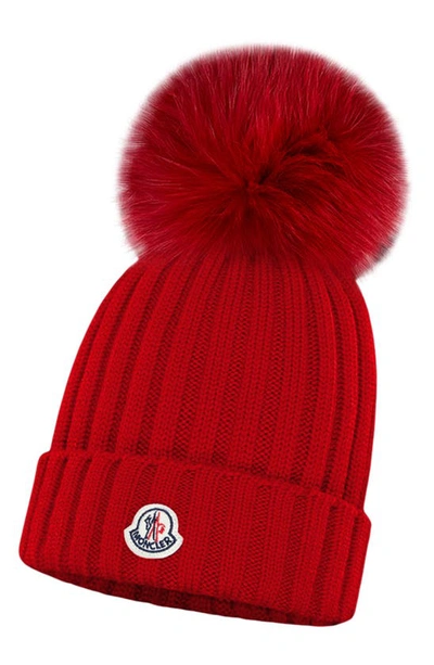 Shop Moncler Rib Virgin Wool Beanie With Genuine Fox Fur Pom In 472 Medium Red