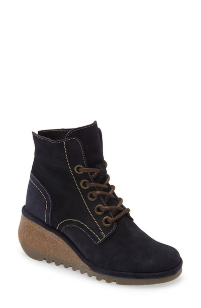 Shop Fly London Nero Lace-up Bootie In Navy Suede