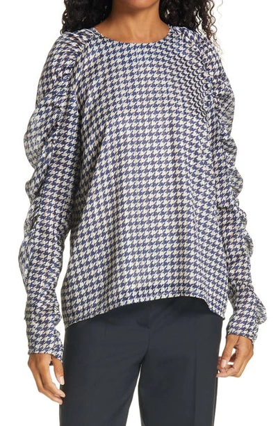 Shop Birgitte Herskind Houndstooth Puff Sleeve Blouse In Navy Pepita