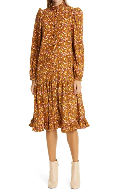 Shop Bytimo Floral Ditsy Long Sleeve Corduroy Midi Dress In 1126 - Bloom