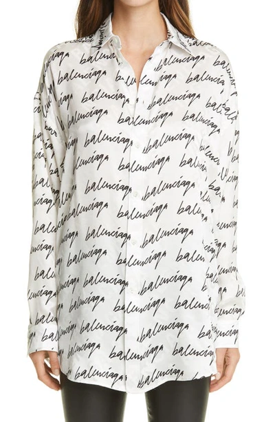 Shop Balenciaga Scribble Print Logo Jacquard Silk Blouse In 9040-white/ Black