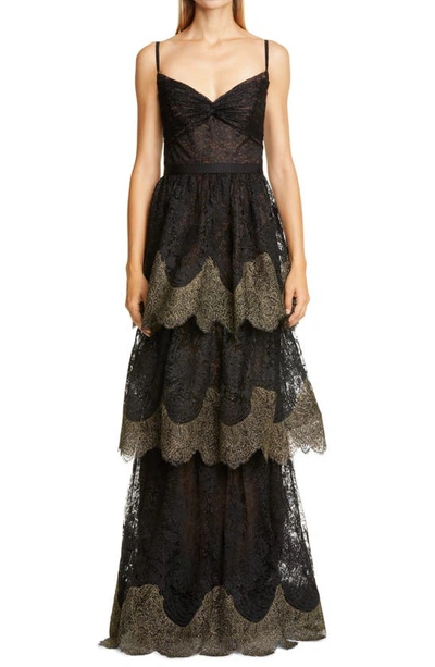 Shop Marchesa Notte Sleeveless Scalloped Lace Gown In Black