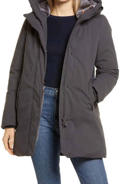 Shop Save The Duck Smeg Waterproof Long Parka With Faux Fur Lined Hood In Grey Black