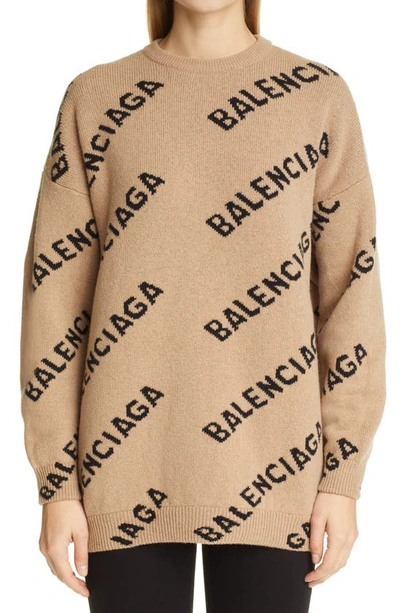 Shop Balenciaga Oversize Logo Jacquard Wool Blend Sweater In Beige/ Black
