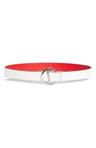 Shop Christian Louboutin Logo Buckle Embossed Leather Belt In Bianco/silver (h924)