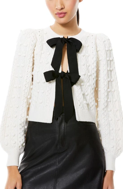 Shop Alice And Olivia Kitty Bow Front Bobble Crop Cardigan In Soft White/ Black