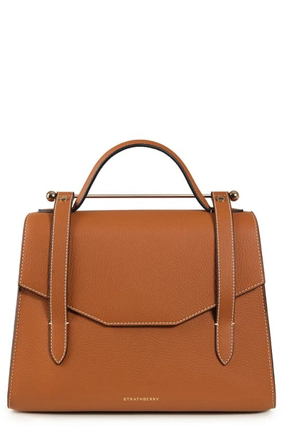 Shop Strathberry Midi Allegro Calfskin Leather Satchel In Tan - Vanilla Stitch