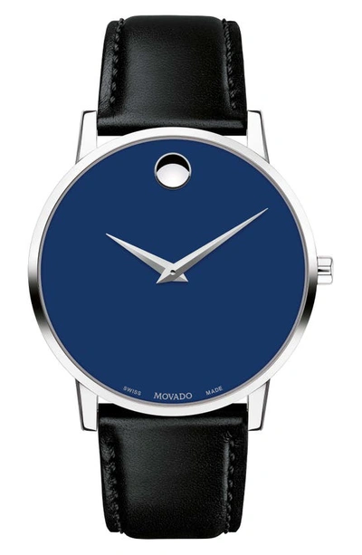 Shop Movado Leather Strap Watch, 40mm In Black/ Blue/ Silver