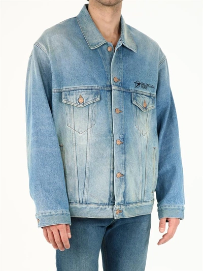 Shop Balenciaga Corporate Denim Jacket In Blue