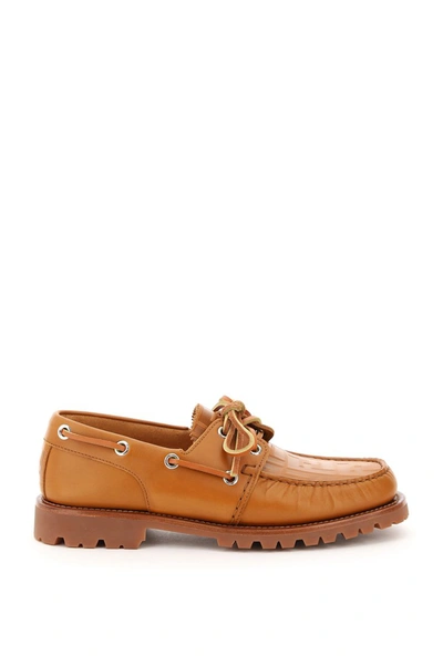 Shop Fendi Ff Leather Boat Loafers In Cuoio