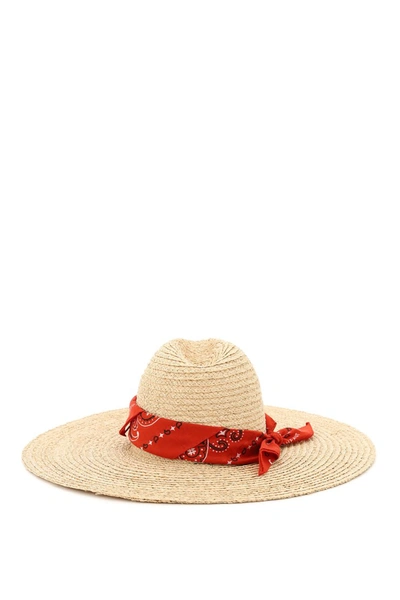 Shop Alanui San Antonio Straw Bandana Hat In Beige Brillant Red