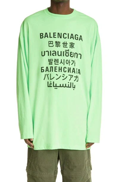 Shop Balenciaga Logo Long Sleeve Graphic Tee In Green/ Black