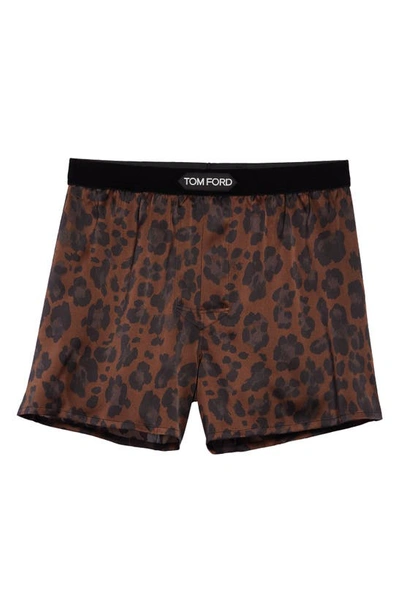 Shop Tom Ford Animal Print Stretch Silk Boxers In Dark Brown