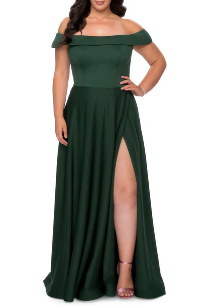 Shop La Femme Off The Shoulder Foldover Neckline Gown In Emerald