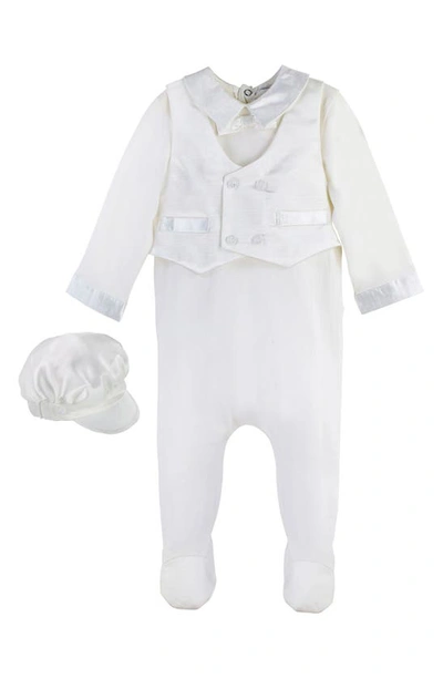 Carriage Boutique Elegant Christening Romper & Newsboy Cap Set In White