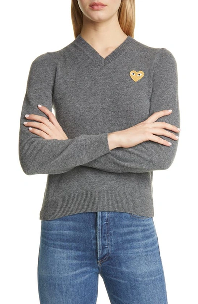 Shop Comme Des Garçons Golden Heart Logo Wool Sweater In Grey