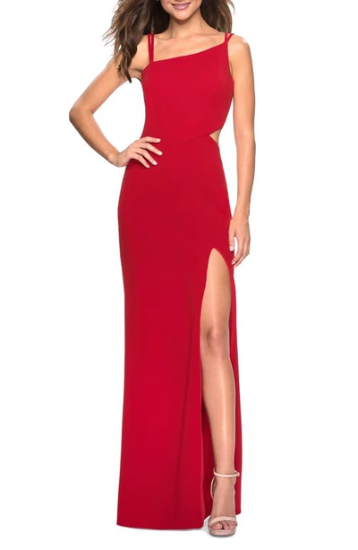 Shop La Femme High Slit Strappy Back Gown In Red