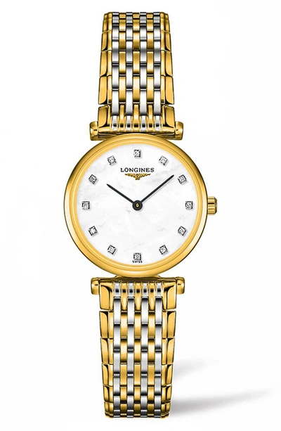 Shop Longines La Grande Classique De  Diamond Bracelet Watch, 24mm In Silver/ Mop/ Gold